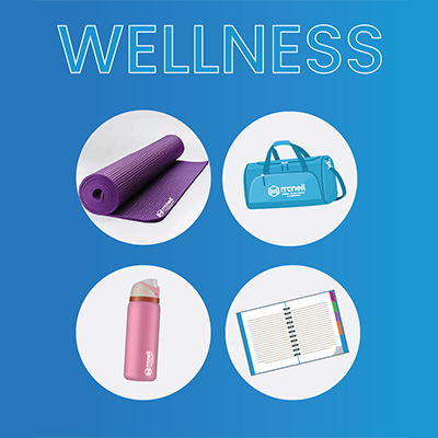 Photograph a bright blue background with circles around a yoga mat, a gym duffle bag, a water bottle, and a personal journal.