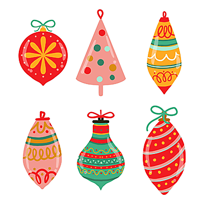 Illustrated graphic showing six designed ornaments, in various shapes and colors.
