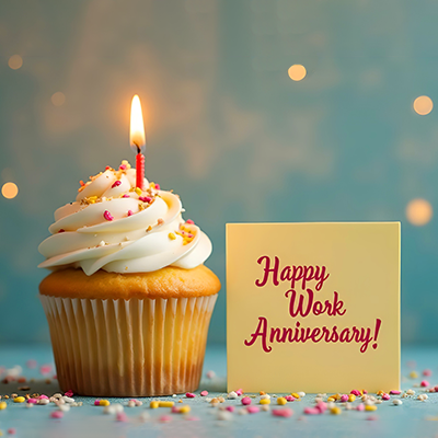 Photograph showing a decorated cupcake, with sprinkles and a lit candle, with a sign next to the cupcake that reads: Happy Work Anniversary.