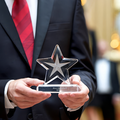 Photograph showing a close up of a man in a suit, holding out an acrylic star award.