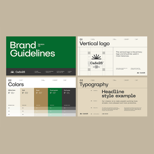 Brand guidelines showexamples of logo placement, colors, and fonts.