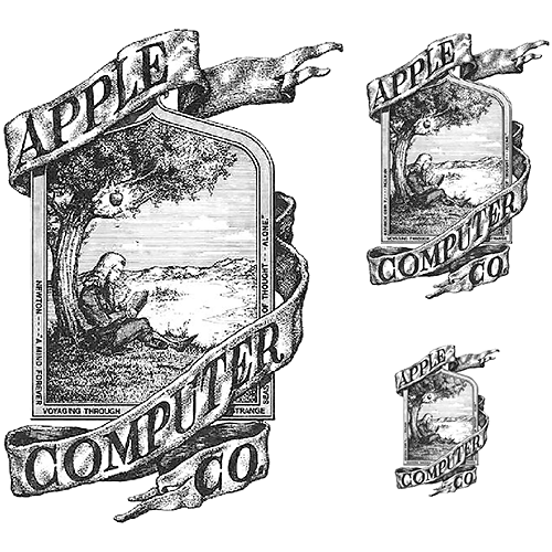 An example of a busy logo, vintage Apple Computer Company with Newton sitting under an apple tree.