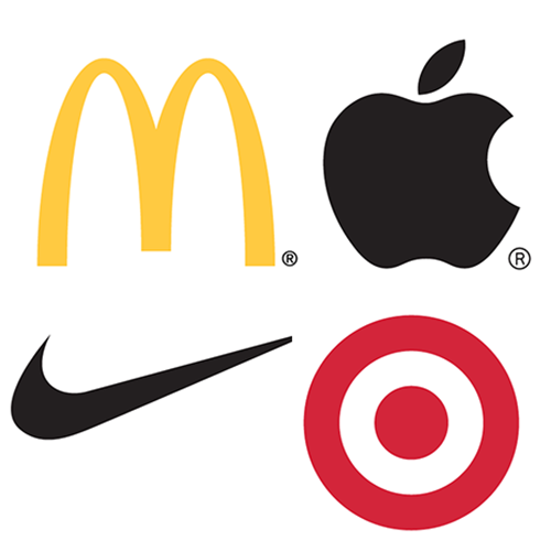 Graphic showing McDonald's logo, current Apple logo, Nike Swoosh, and Targets'bulls eye logo.