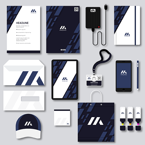 Product board showing logo on several examples of product: letterhead, folders, external hard drives, envelopes, name tages, hats, notebooks, gift bags., etc.