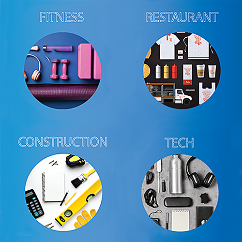 Graphic showing different aspects of different fields: Fitness, Restuarant, Construction, Tech.