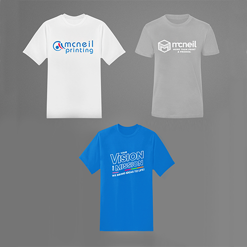 Various T-shirts with logos and current ones to show brand growth.