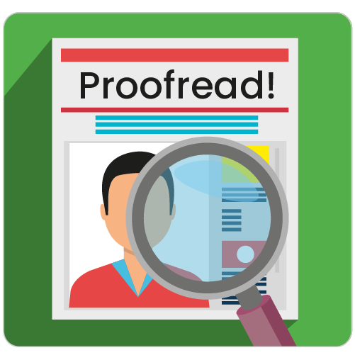 Illustrated graphic showing magnifying glass over a printed proof, that has a title of Proof Read.