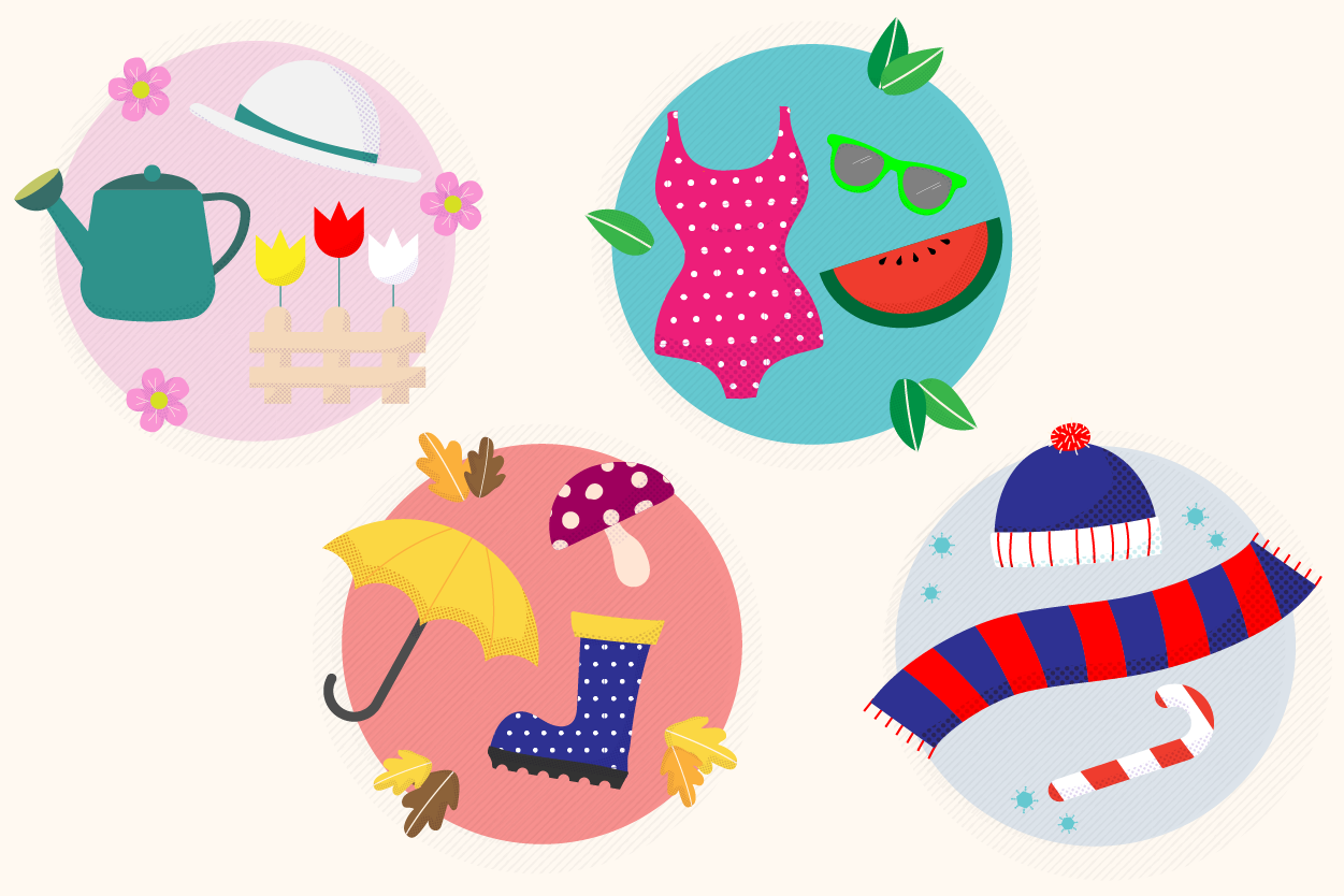 Illustration showing the four seasons, each with different graphics indicating that season.