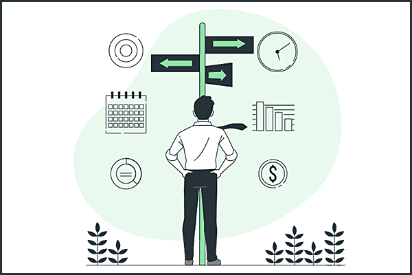 Graphic showing a man looking at a directional sign, determining which is the best way to go.