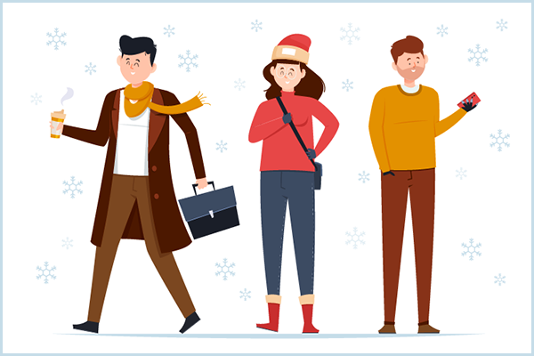 Graphic showing an illustration of three people in a winter scene.