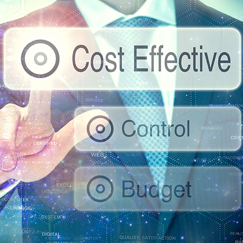 An illustration showing a man behind a screen, pointing to the important points of Cost Effective, Control and Budget.