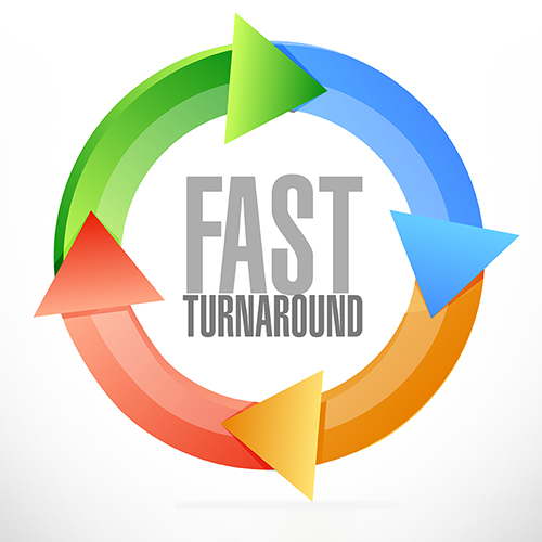 A colorful graphic circle with arrows, indicating a flow, with the text Fast Turnaround in the middle of circle.