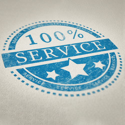 A graphic showing 100% Service with stars, indicating great service.
