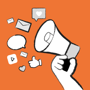 Graphic showing a bullhorn with social media icons