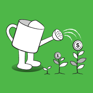 Graphic showing watering can watering money flowers