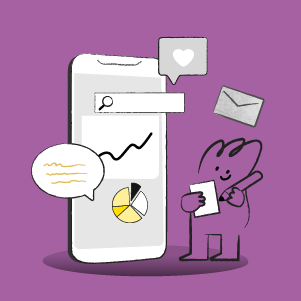 Graphic showing a large cell phone with illustrated growth pie charts and stocks