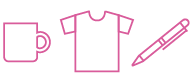 Graphic showing a mug, T-Shirt, and pen.