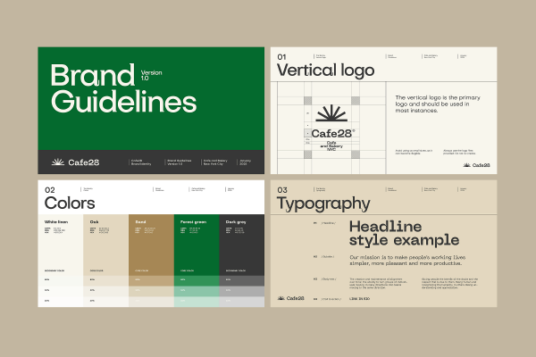 Graphic showing brand colors, fonts and guidlines for logos.