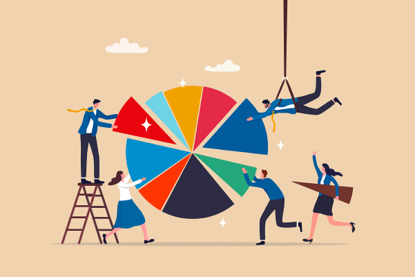 Illustrated graphic showing a team working on a hanging pie chart.