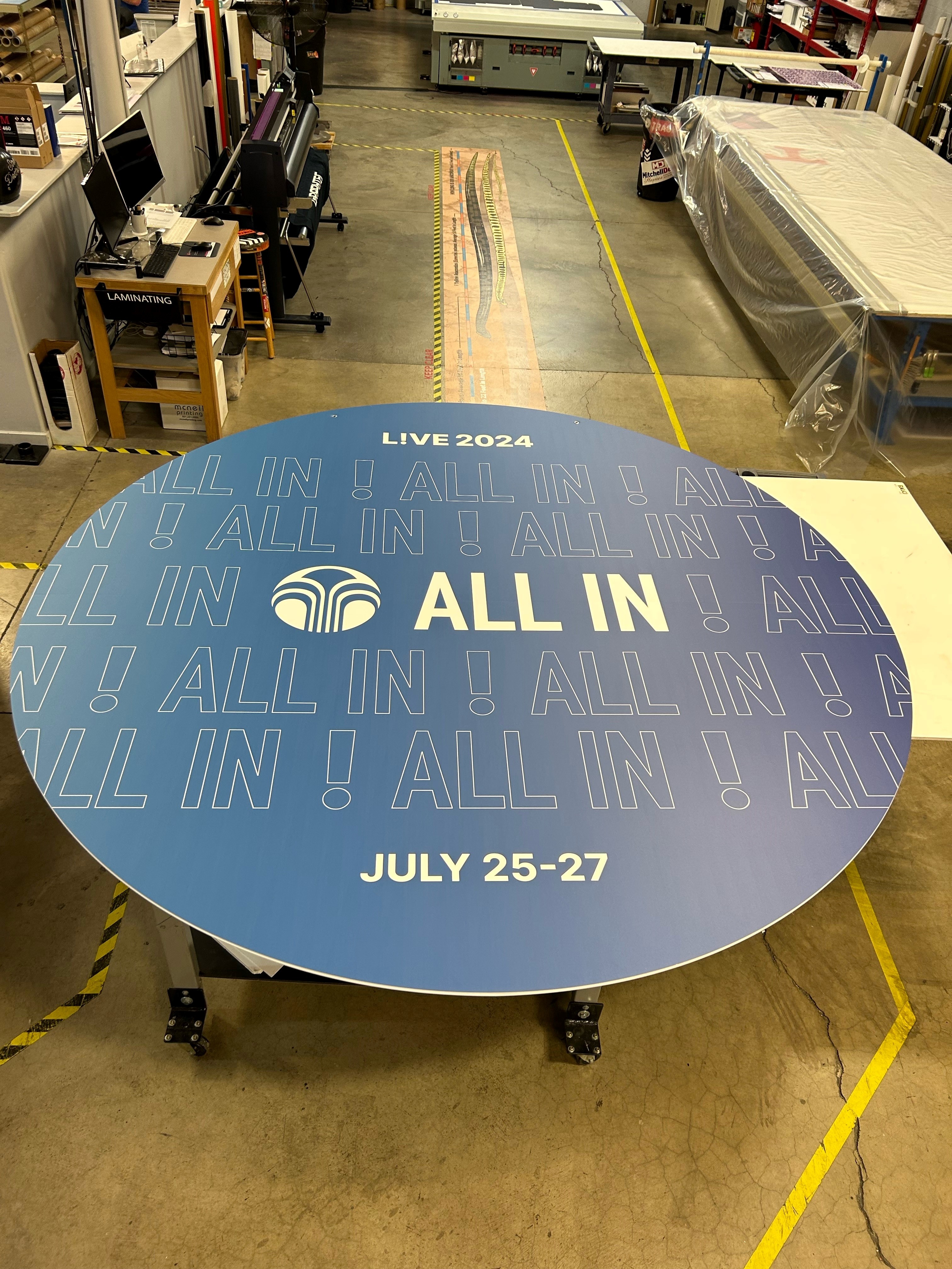 Big circular hanging sign.