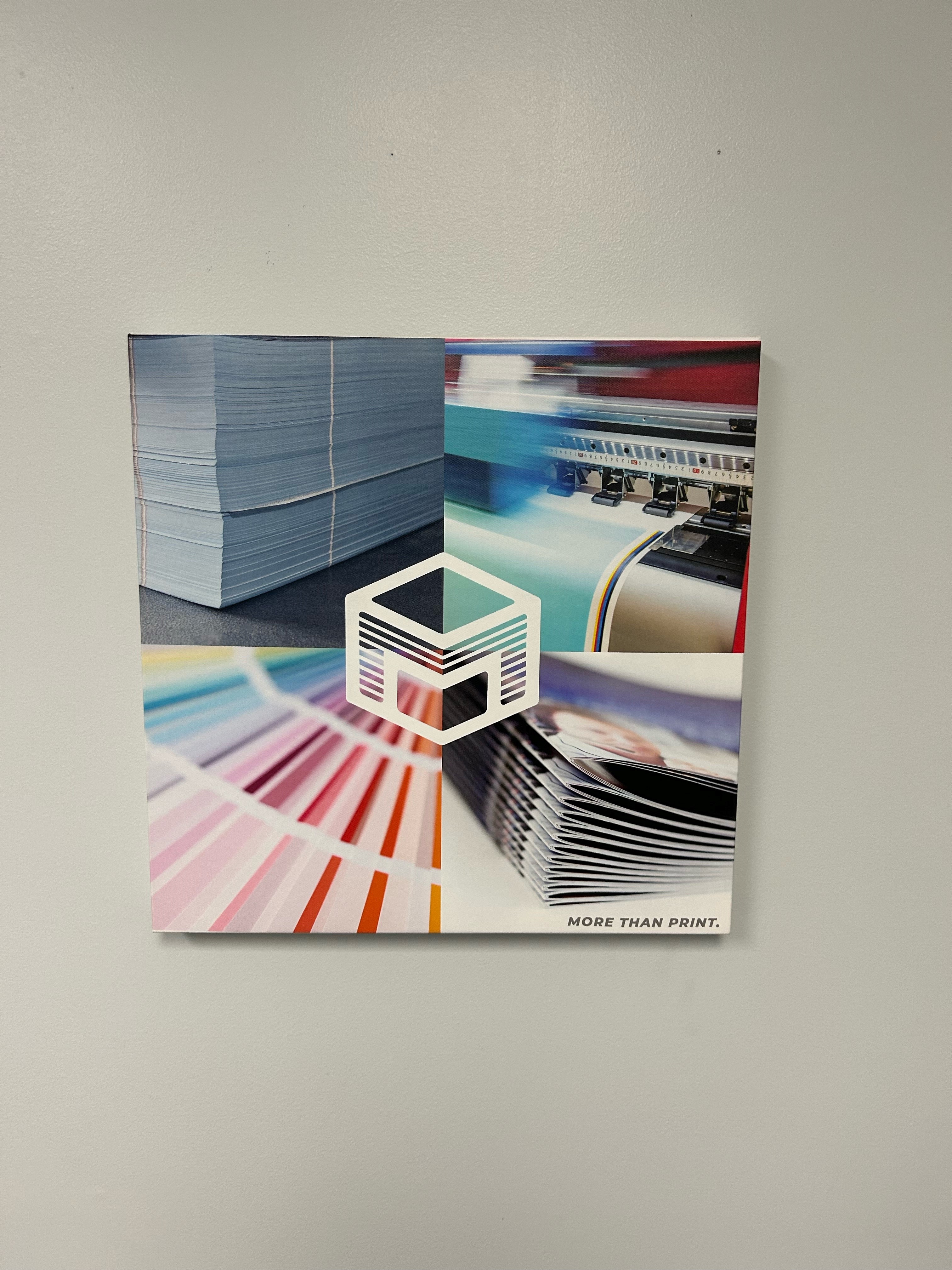 Canvas showing pictures of print process at Mcneil Printing, with McNeil Priting logo in the center of canvas.