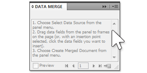 Adobe InDesign Data Merge panel showing variable database fields for personalized printing