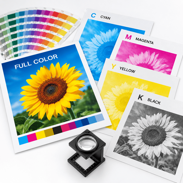 CMYK color separations showing cyan magenta yellow and black printing plates combining into a full-color image