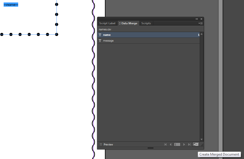 Adobe InDesign Create Merged Document dialog for variable data printing