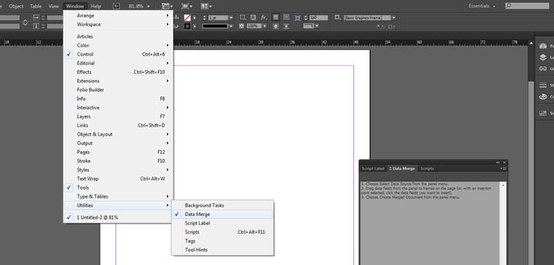 Variable data database and data merge setup used for personalized printing