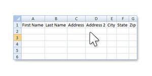 Excel spreadsheet prepared as a CSV database for variable data printing and InDesign Data Merge