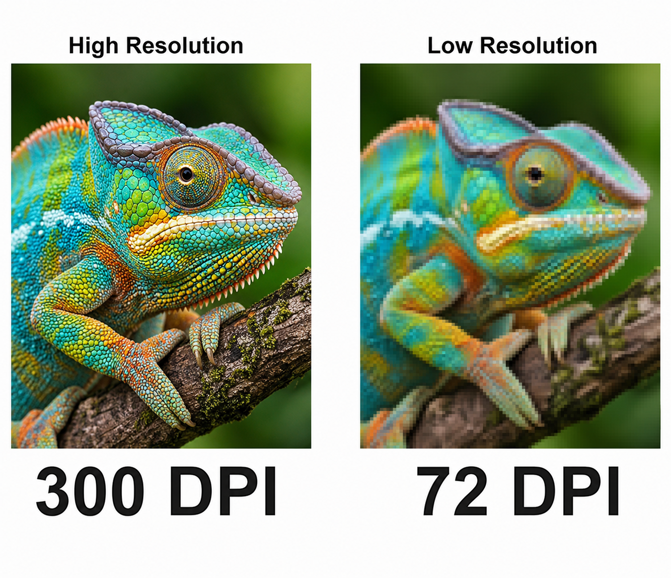 Print Resolution Guide Comparing 300 DPI and 72 DPI Image Quality Print resolution guide comparing high-resolution 300 DPI and low-resolution 72 DPI chameleon images.