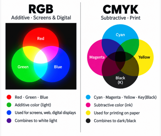 RGB versus CMYK color comparison showing screen color and commercial printing color models