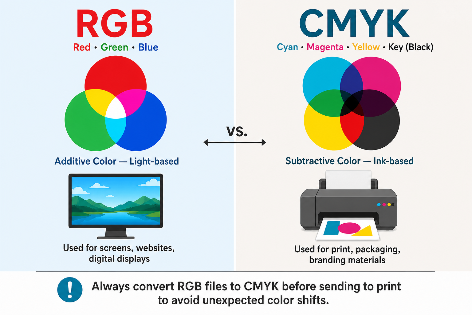 RGB vs CMYK Print Color Guide for Accurate Printing Results RGB vs CMYK print color guide showing screen colors, ink colors, and file conversion tips for printing.