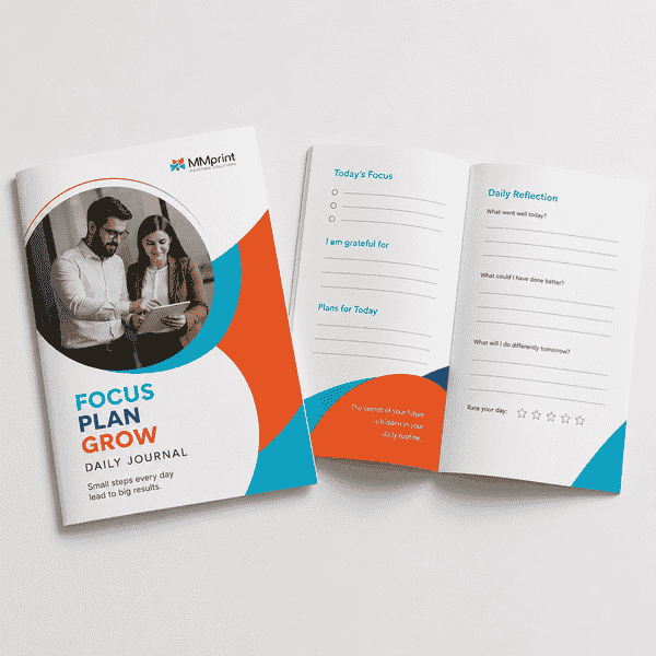Custom presentation folder printing style shown on branded focus planner journal cover and open pages.