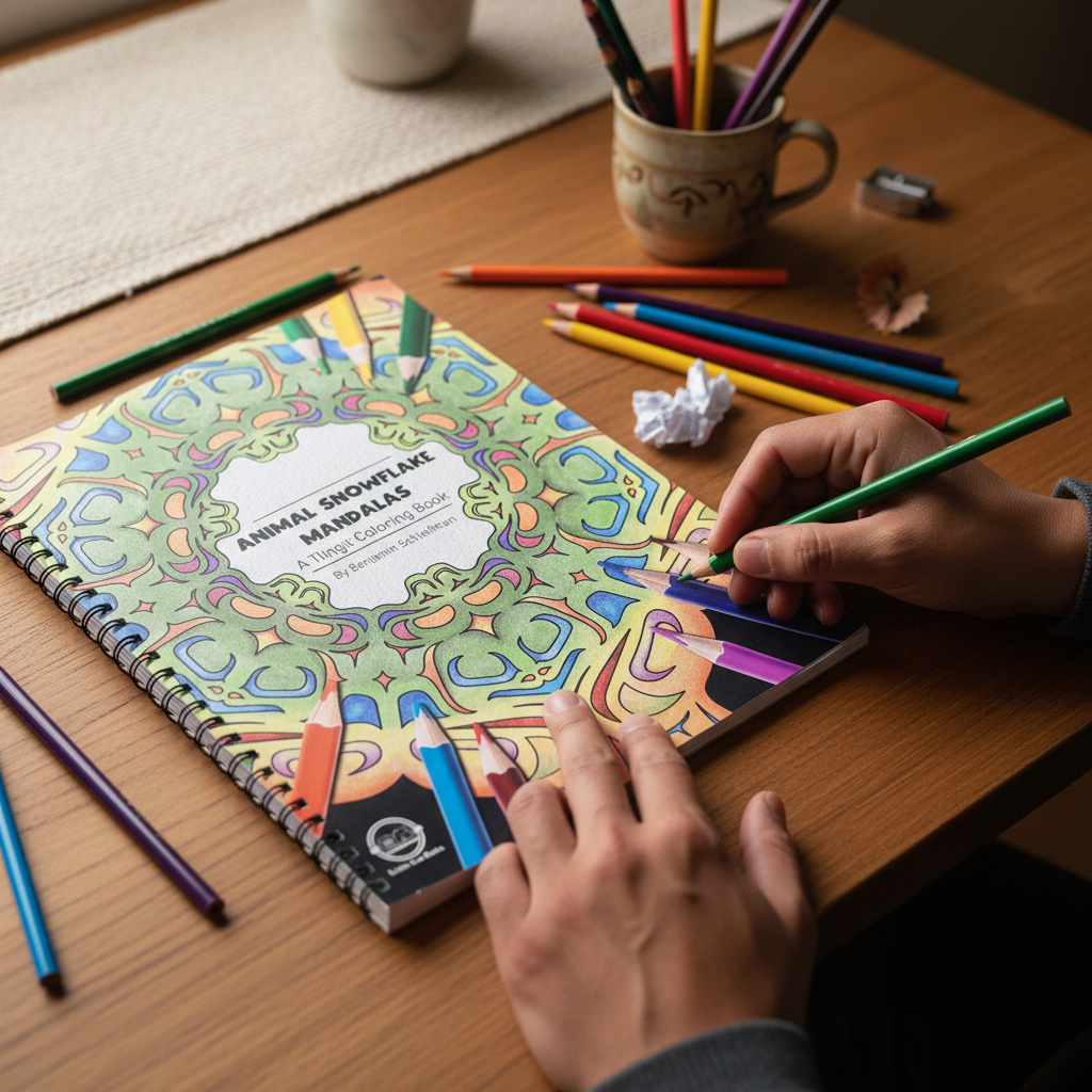 Animal Snowflake Mandala Custom Printed Coloring Book with Colored Pencils