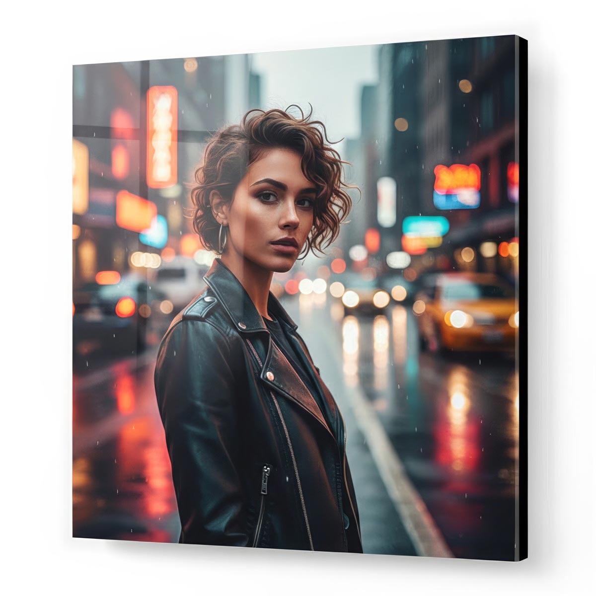 Acrylic Gallery Mounts Square acrylic photo mount featuring a portrait of a woman on a city street, mounted to a solid backer for a modern look.