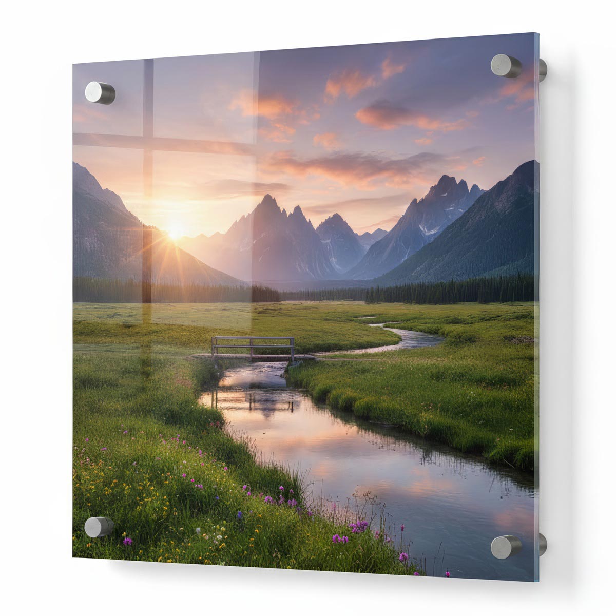 Acrylic Prints Landscape acrylic wall print displaying a mountain sunset, mounted slightly off the wall using four metal corner standoffs.