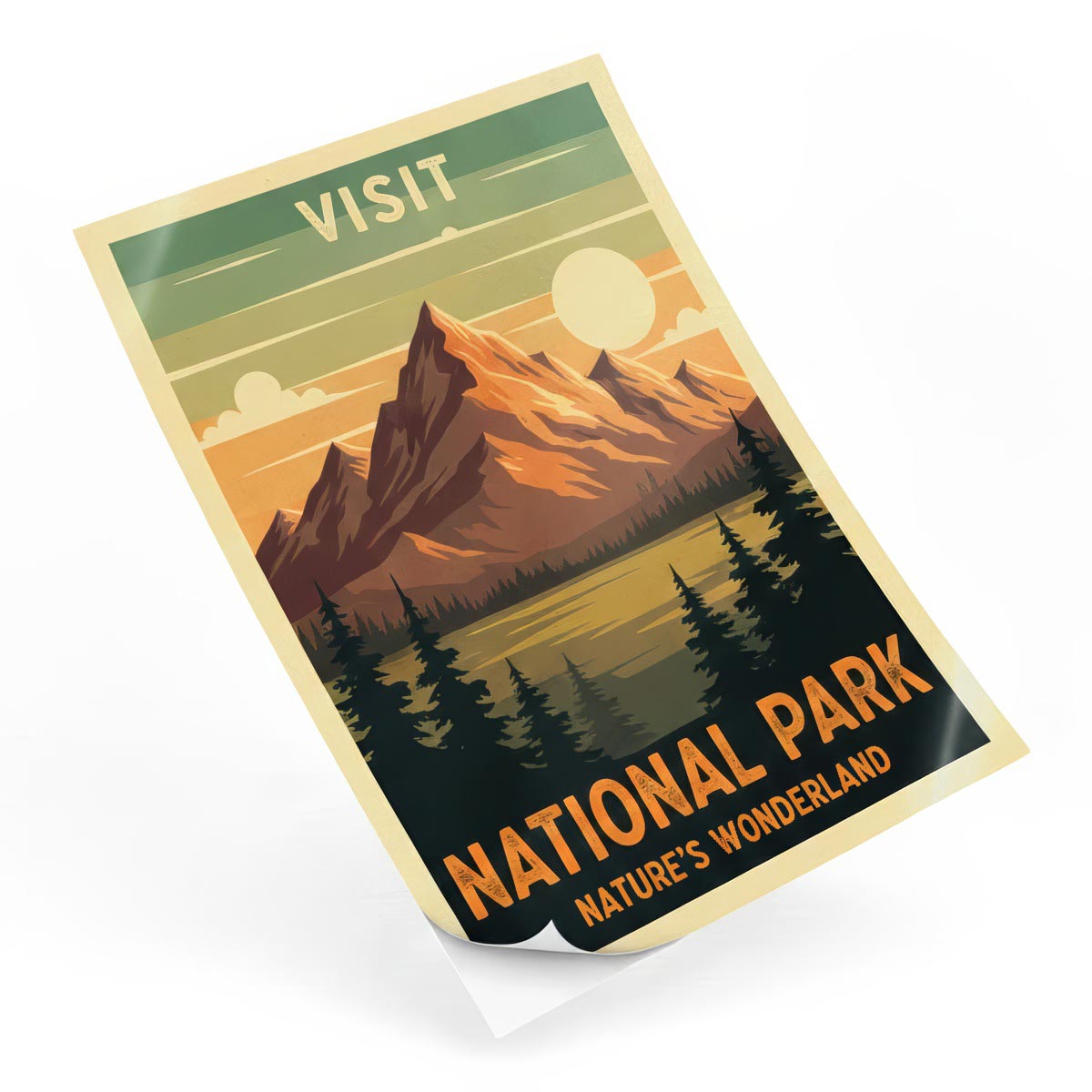 Self Adhesive Posters Peel-and-stick self-adhesive wall poster print featuring a vintage national park mountain illustration.
