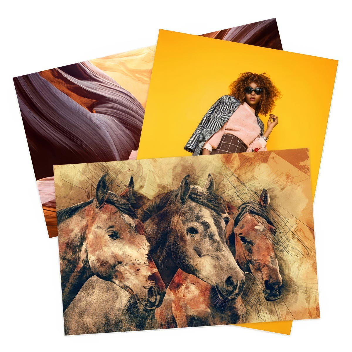 Fan arrangement of custom Giclée large art and photo prints featuring fine art portraits and wildlife artwork.
