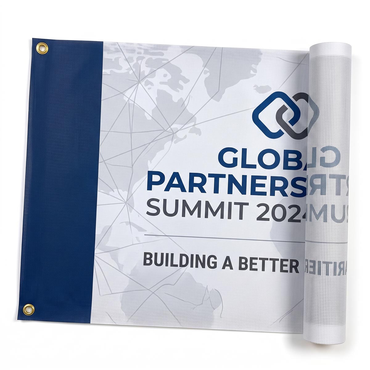 Mesh Vinyl Banners Partially unrolled mesh vinyl outdoor banner printed with 'Global Partners Summit' event graphics and corner grommets.