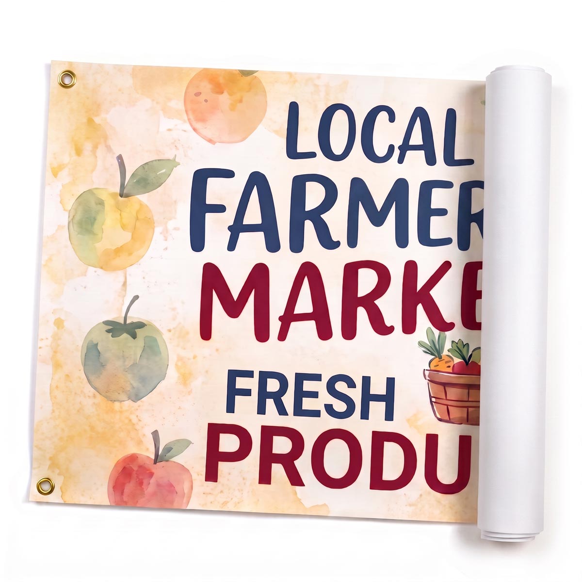 Mylar Banners Partially unrolled Mylar banner printed with vibrant 'Local Farmers Market' artwork and grommets.