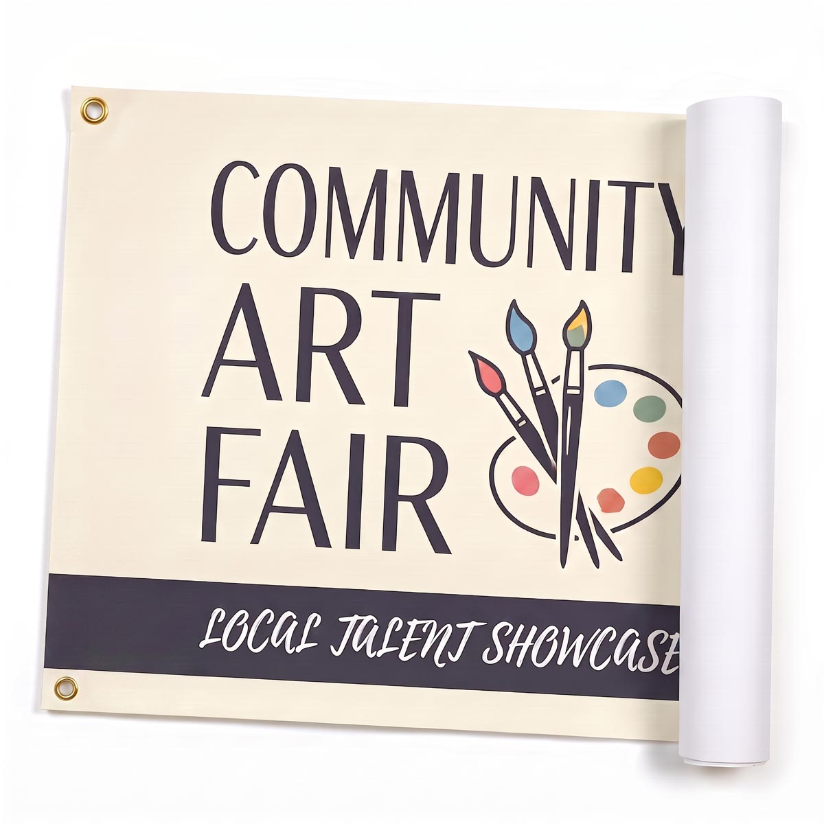 Partially unrolled 46lb indoor paper banner printed with 'Community Art Fair' design and metal grommets.