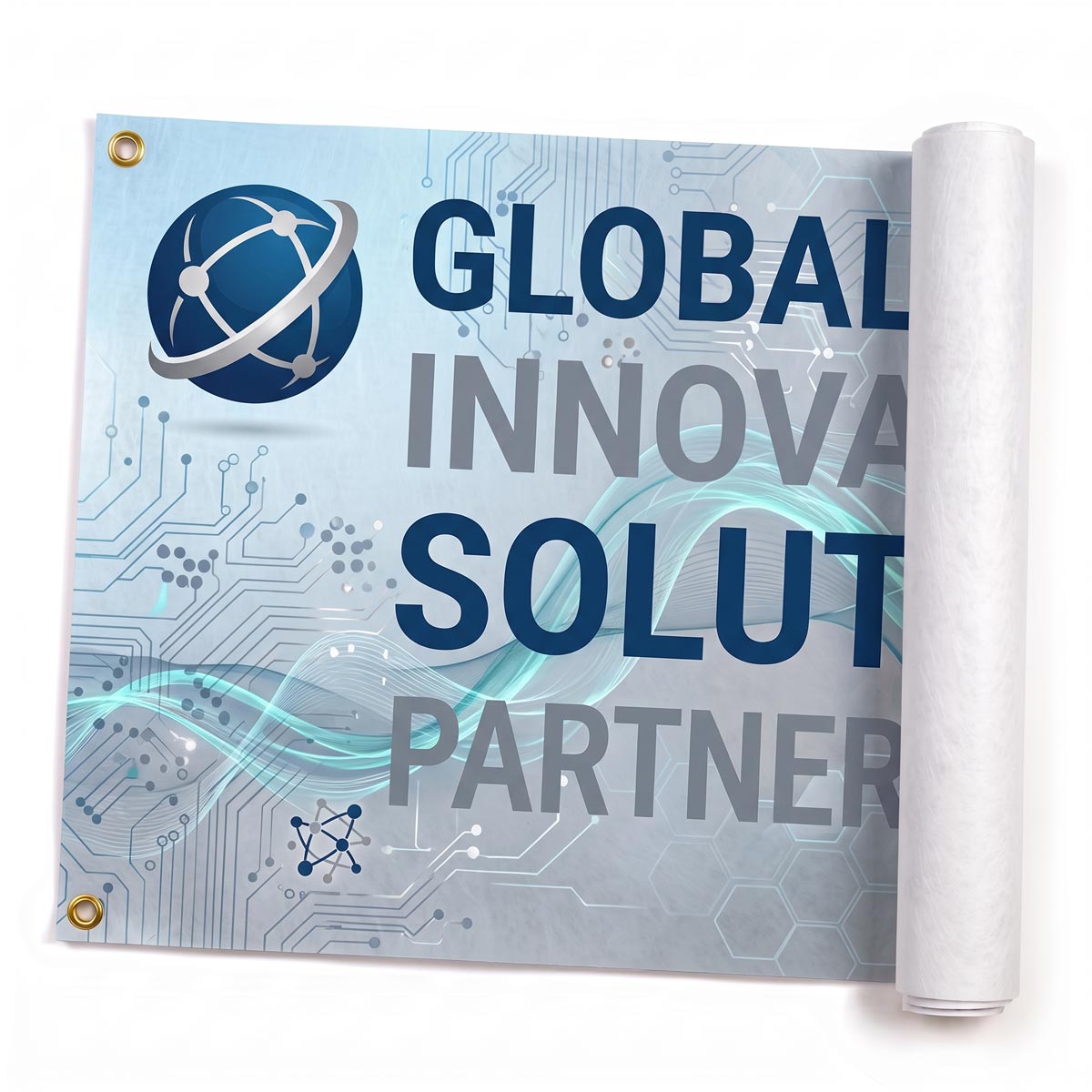 Tear-resistant Tyvek indoor banner printed with 'Global Innovation' graphics and hanging grommets.