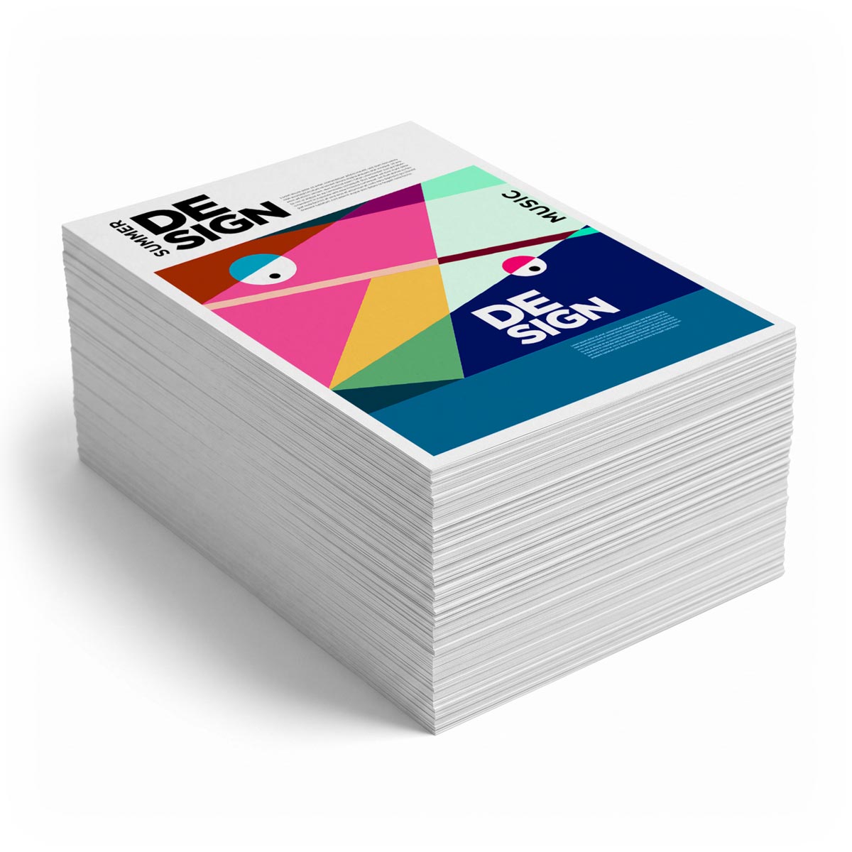 Bulk Large Posters High-volume stack of bulk printed large posters featuring colorful geometric graphic artwork.
