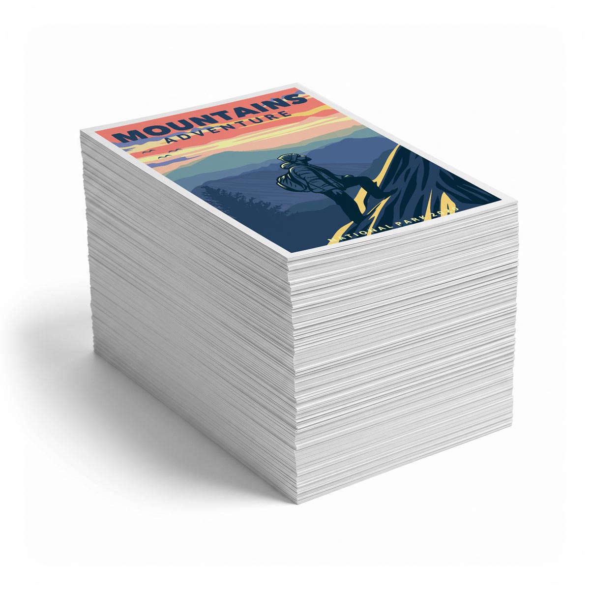 Bulk Small Posters (12x18 max) Neat stack of custom bulk small posters up to 12x18 inches featuring a mountain landscape design.
