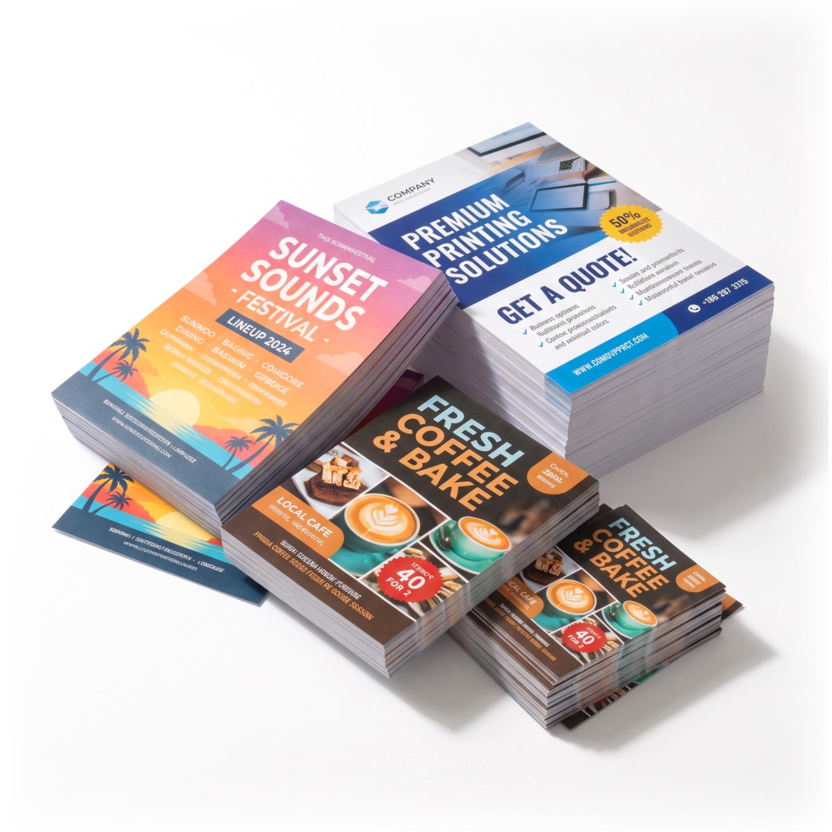Flyers Stacks and spread of full-color custom printed promotional marketing flyers.