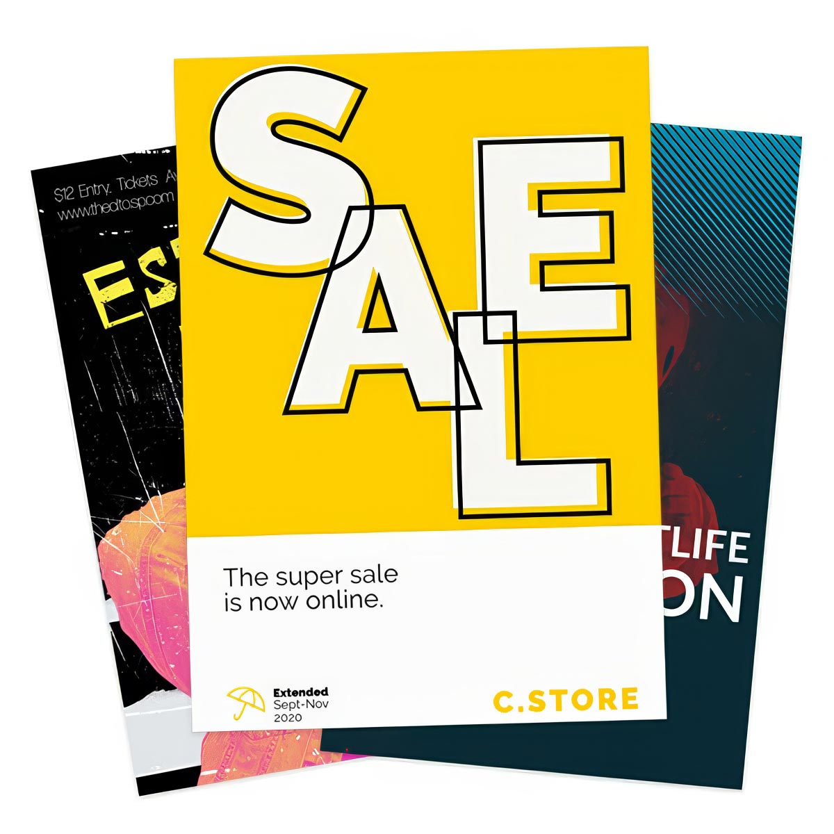 Fan-spread arrangement of custom printed large posters featuring bold yellow promotional graphics.