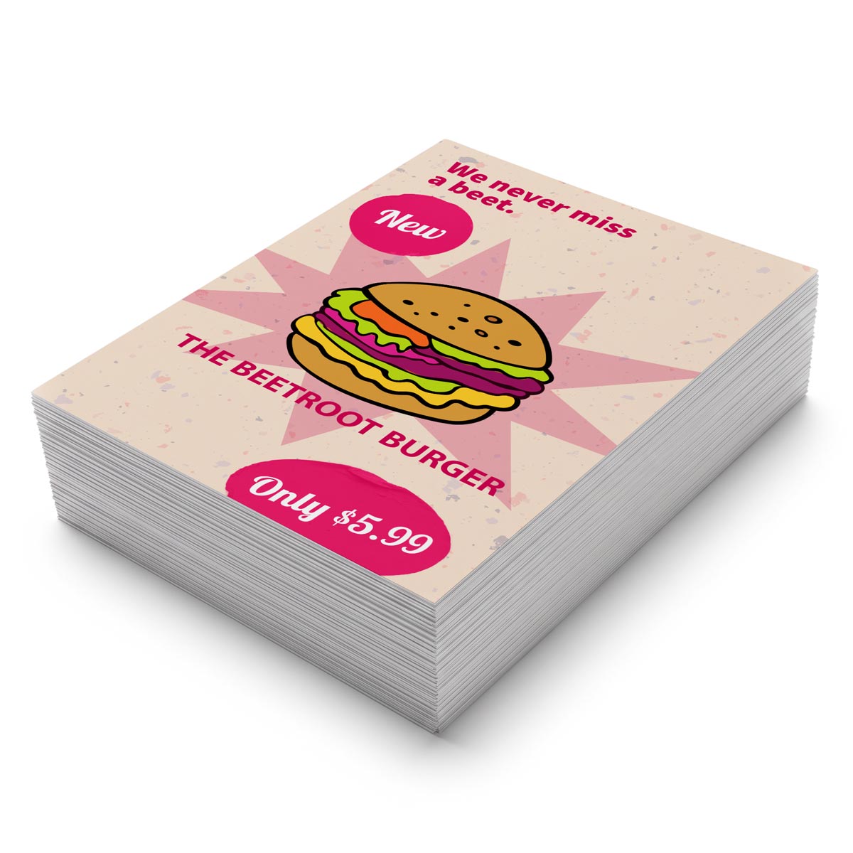 Poster Board Prints Stack of rigid custom printed poster boards featuring a restaurant burger promotional design.