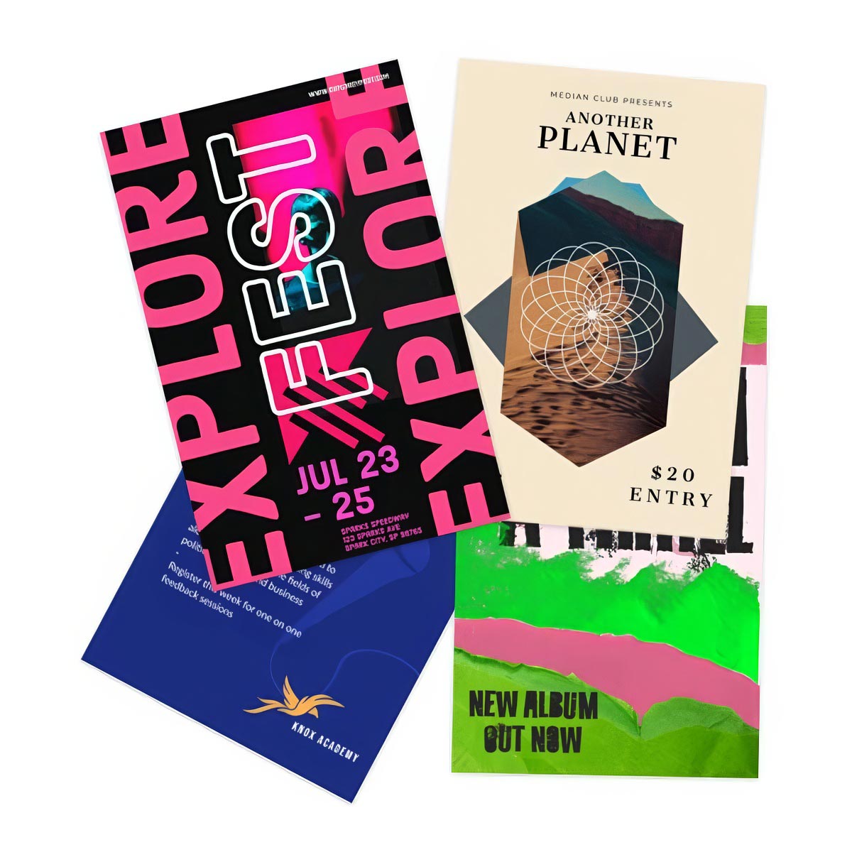 Overlapping set of custom small poster prints up to 13x19 inches featuring vibrant event graphics.