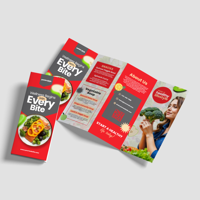 Custom printed accordion fold brochure with multiple folding panels displaying red promotional artwork.